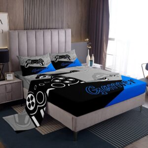 Feelyou Kids Gamer Bed Sheets Set Boys and Girls Gaming Bedding Set Video Game Controller Fitted Sheets 4Pcs Sheets Includes 1 Sheet & 1 Flat Sheet with 2 Pillowcases Blue Black (King)