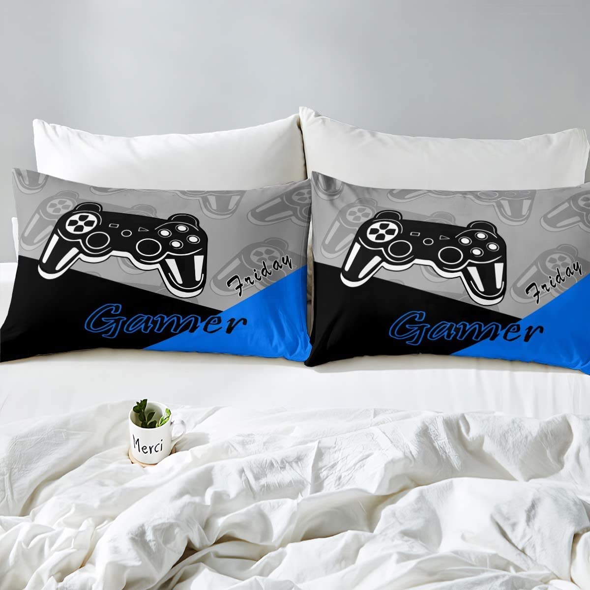 Feelyou Kids Gamer Bed Sheets Set Boys and Girls Gaming Bedding Set Video Game Controller Fitted Sheets 4Pcs Sheets Includes 1 Sheet & 1 Flat Sheet with 2 Pillowcases Blue Black (King)