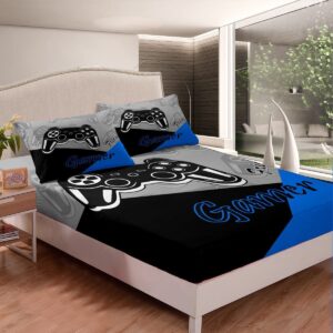 Feelyou Kids Gamer Bed Sheets Set Boys and Girls Gaming Bedding Set Video Game Controller Fitted Sheets 4Pcs Sheets Includes 1 Sheet & 1 Flat Sheet with 2 Pillowcases Blue Black (King)