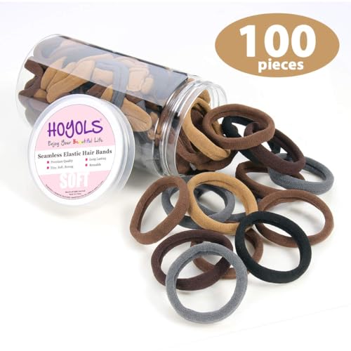 HOYOLS Soft Thick Seamless Cotton Hair Ties, Ponytail Scrunchies Head bands No Damage Crease for Women Girls Kids Ponytail Holder 100 Pieces (Brunette Brown Set)