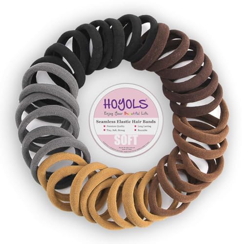 HOYOLS Soft Thick Seamless Cotton Hair Ties, Ponytail Scrunchies Head bands No Damage Crease for Women Girls Kids Ponytail Holder 100 Pieces (Brunette Brown Set)