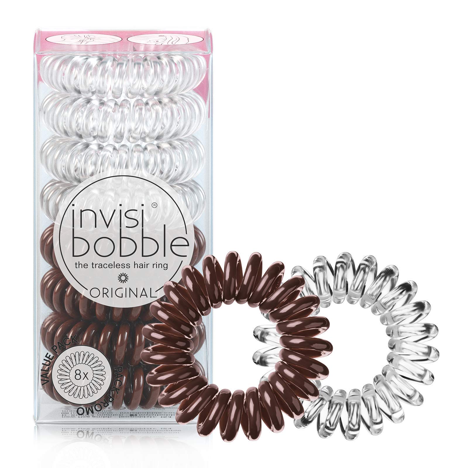 invisibobble Original Traceless Spiral Hair Ties - Pack of 8, Crystal Clear and Pretzel Brown - Strong Elastic Grip Coil Accessories for Women - Non Soaking - Gentle for Girls Teens and Thick Hair