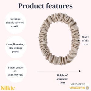 SILKIE x4 Set 100% Pure Mulberry Silk Black Brown Chocolate Pink Nude Neutral Skinny Scrunchies Travel Pouch Everyday Hair Ties Elastics Hair Care Ponytail Holder No Damage (Champagne)