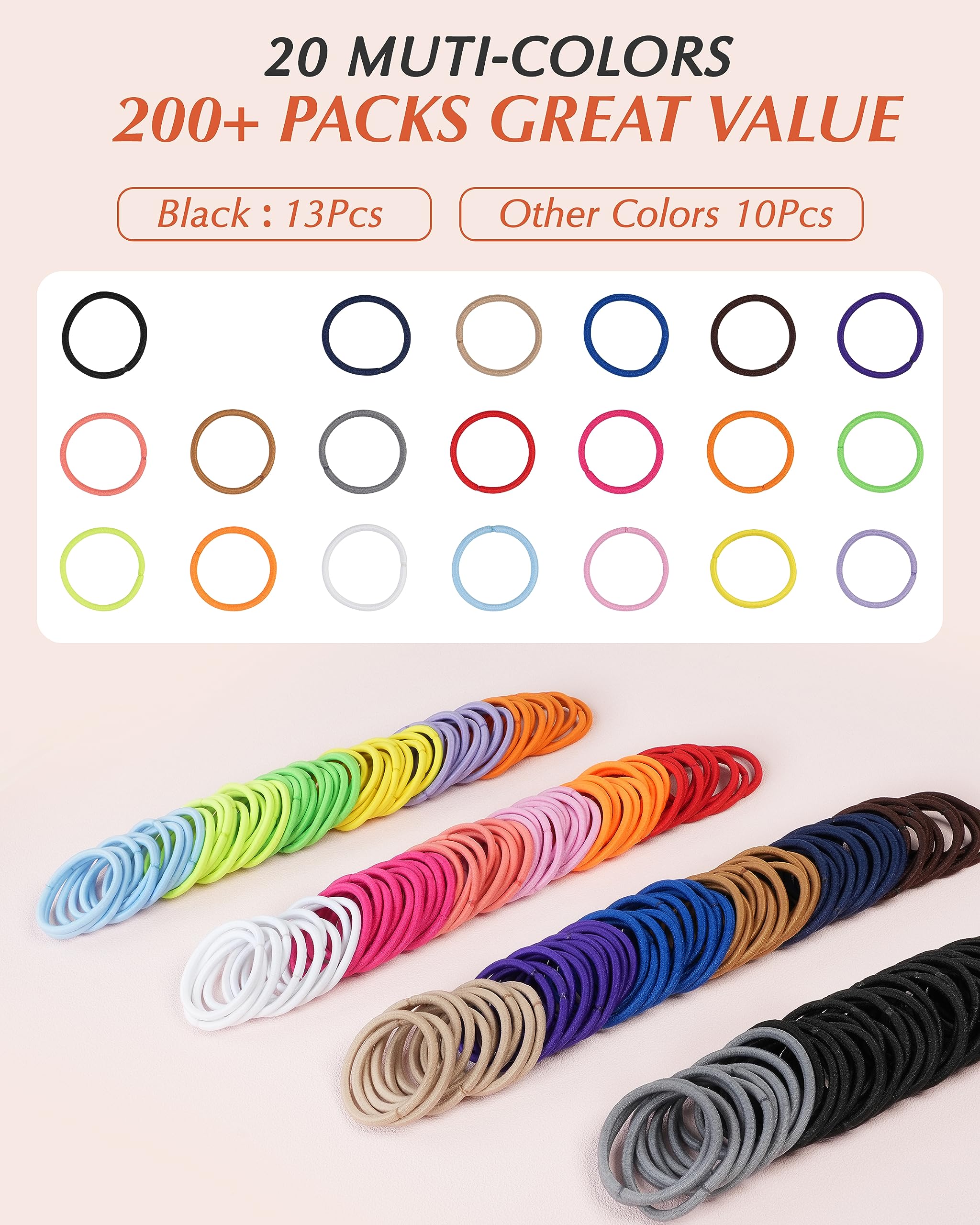 203 Pieces Hair Ties No Damage, 4MM Hair Bands, 20 Colors Elastic Hair Ties for Thick Hair, Medium Size Ponytail Holders for Women and Girls