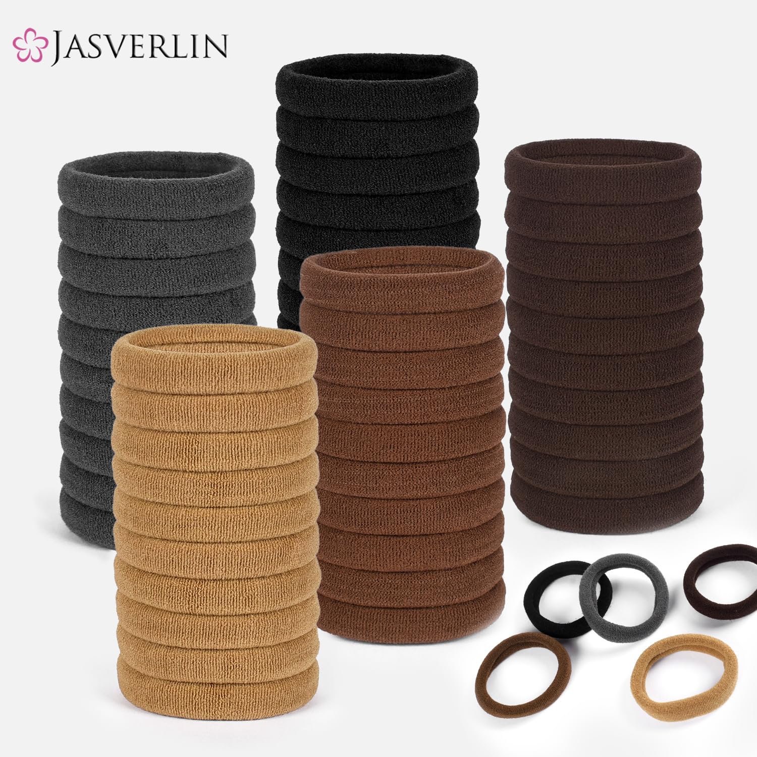 JASVERLIN Cotton Hair Ties Elastic Hair Bands, Seamless Ponytail Holders for Thick Curly Heavy Hair, Soft Fabric Hair Styling Accessories for Women Girl Men, 1.5-Inch 100pcs Assorted (Golden Horizon)