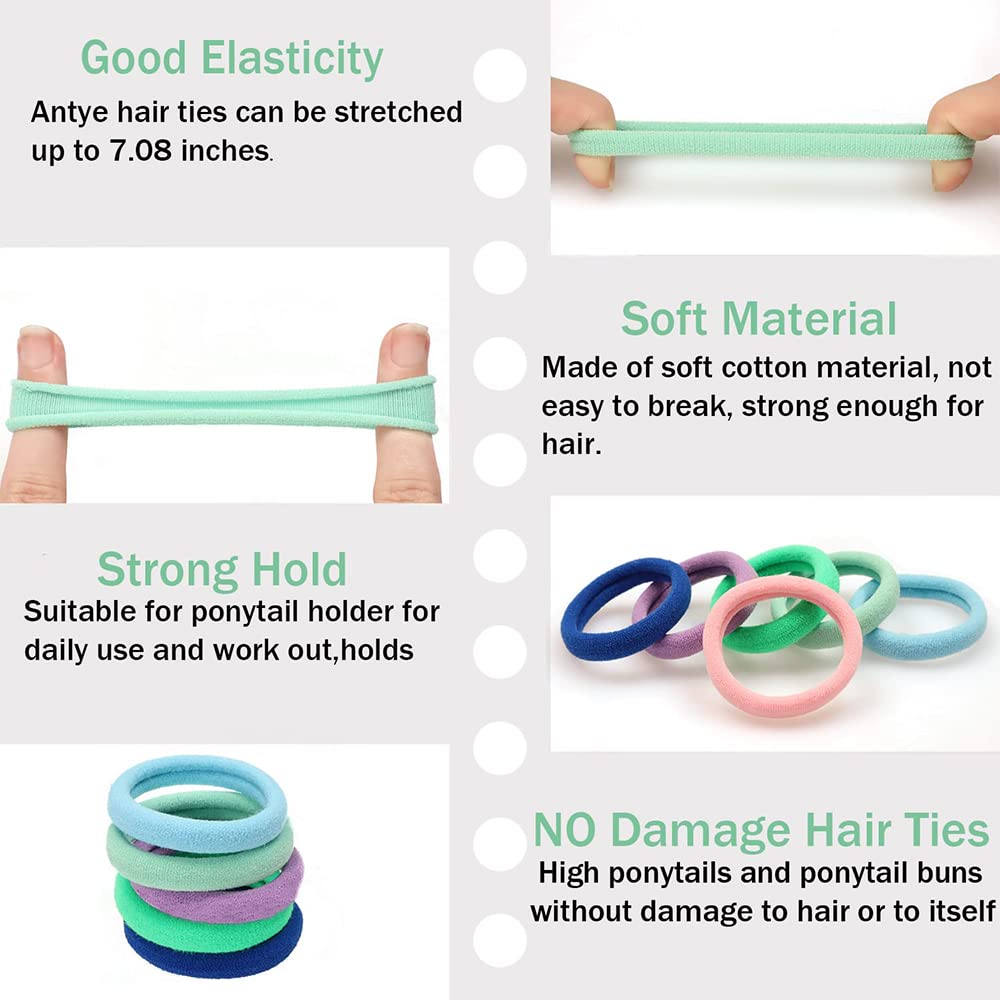 Antye 100Pcs Hair Ties Any Fit No Damage Hair Cutton Seamless Hair Elastic Pony Tail Holders For Thick or Thin Hair No Snag, Dent, or Breakage Baseball & Tennis Suitable Hair Bands (Rainbow Color)