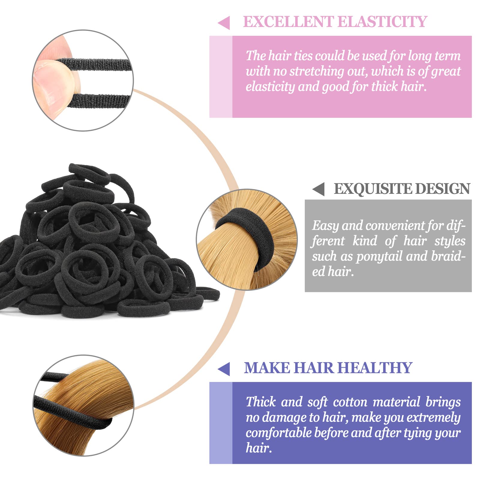 JIRIS 100 pcs No Break Hair Ties fitting Kit, and limited-time Starter Kit | Gentle for any hair type with no slipping or snagging Color mixing(Black)