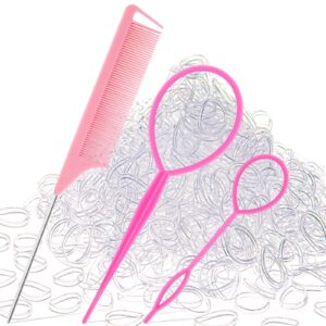 1000Pcs Clear Elastic Hair Rubber Bands, Soft And Small Hair Elastics Ties for Girls And Women, 2pcs Topsy Tail Hair Tools,Hair loop Styling Tool,1Pcs Rat Tail Combs for Hair styling,Pink Schembo