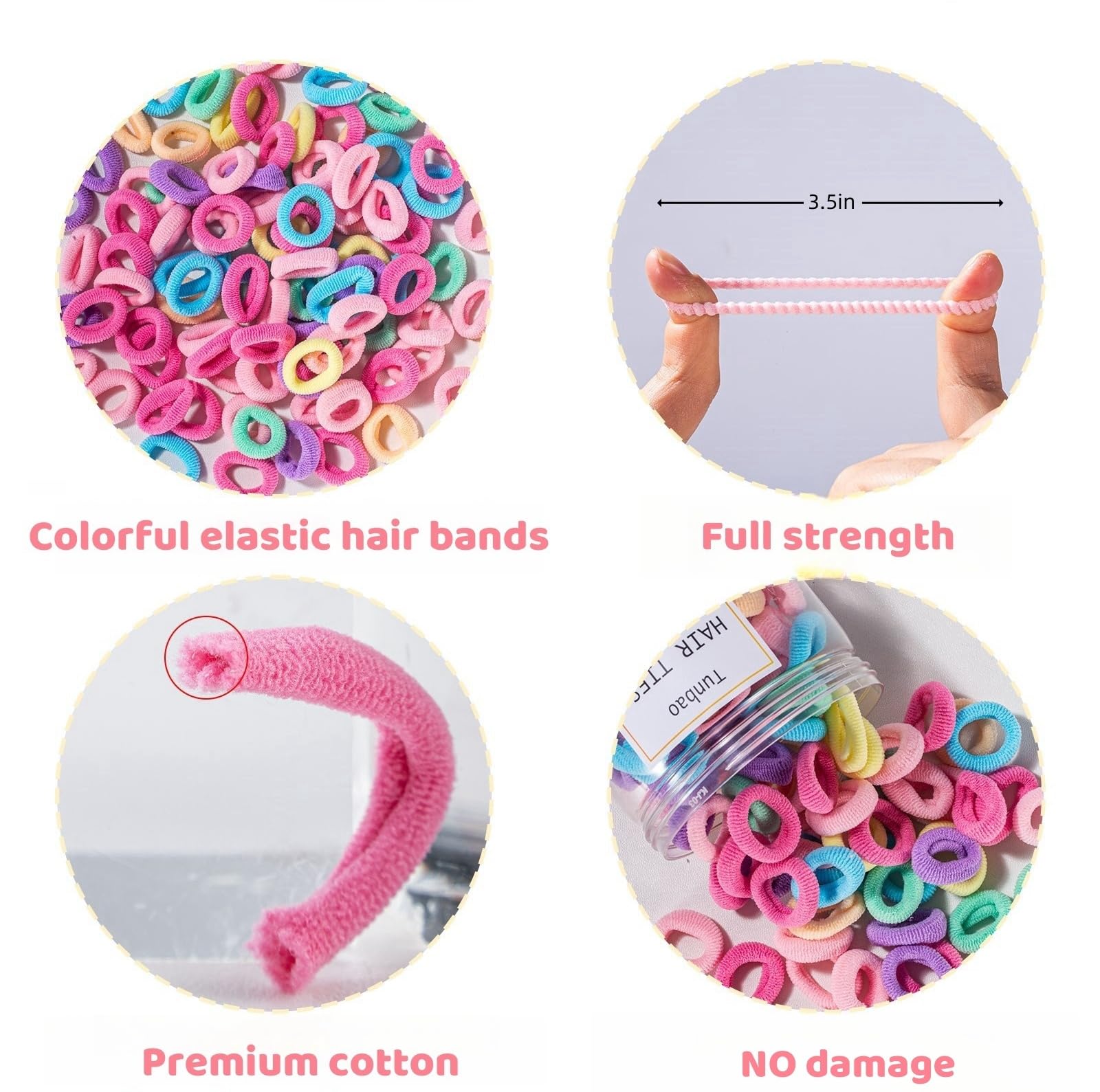 Tunbao 100 Psc Baby Hair Ties No Damage,Seamless Toddler Hair Ties,Colorful Hair Ties for Little Girl and Kids,Cotton Small Soft Hair Elastics Ponytail Holders