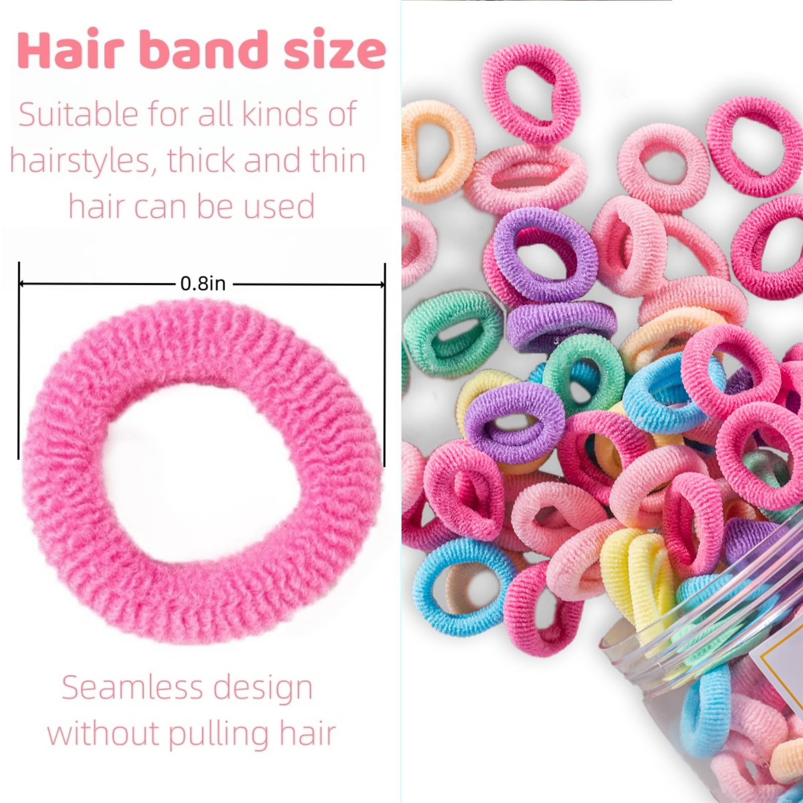 Tunbao 100 Psc Baby Hair Ties No Damage,Seamless Toddler Hair Ties,Colorful Hair Ties for Little Girl and Kids,Cotton Small Soft Hair Elastics Ponytail Holders