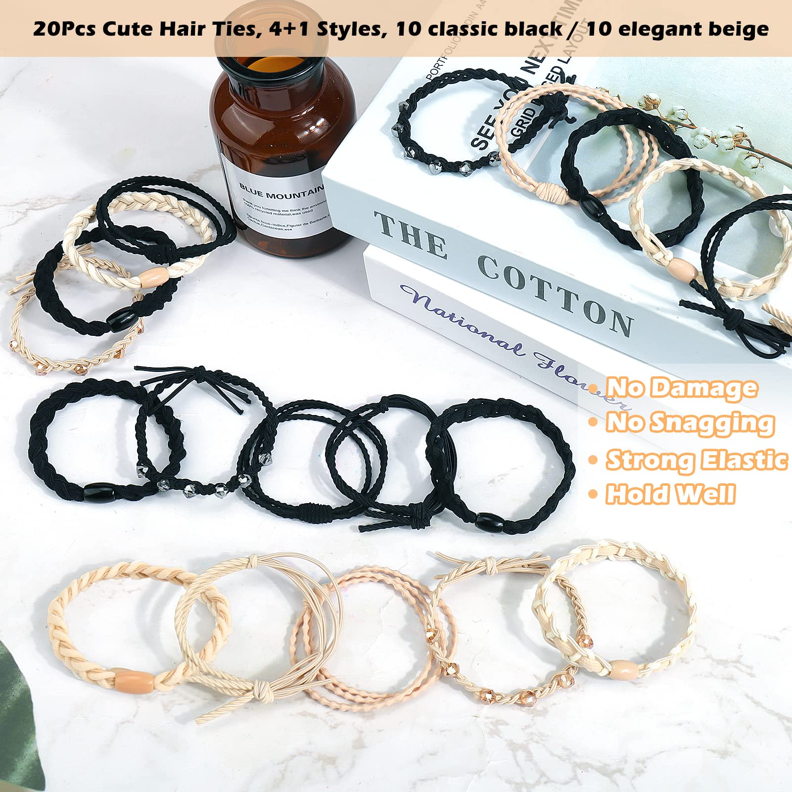 Mity rain 20 Pieces Hair Ties Bracelets for Women Girls, Crystal Boho Hair Ties No Damage, Elastics Hair Ties Ponytail Holders, 5 Styles Cute Hair Ties for Thick Thin Hair Black/Beige