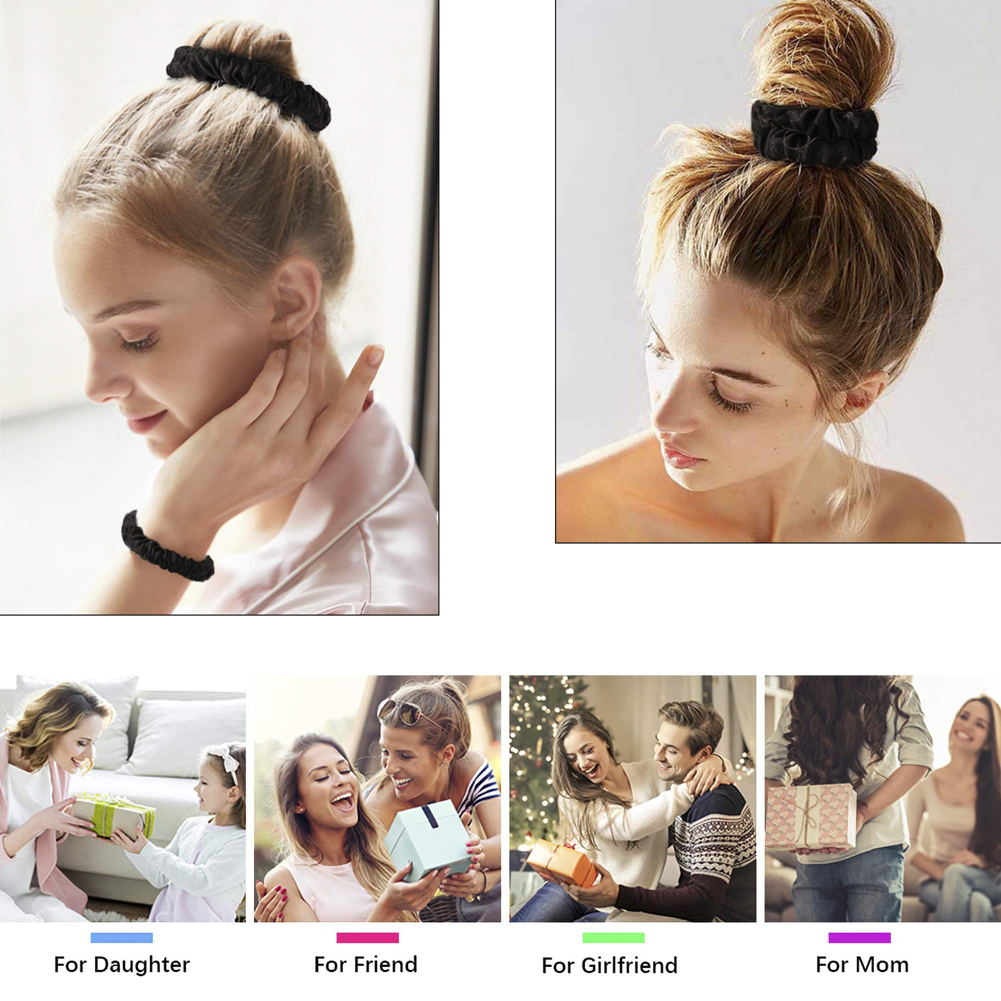 Hair Ties Silk Satin Scrunchies - Small Mini Thin Elestics Ponytail Holder Hair Bands Skinny Scrunchy For Thick Curl Hair No Crease Hair Ties Soft Accessories No Hurt Your Hair for Women and Girls (Black)