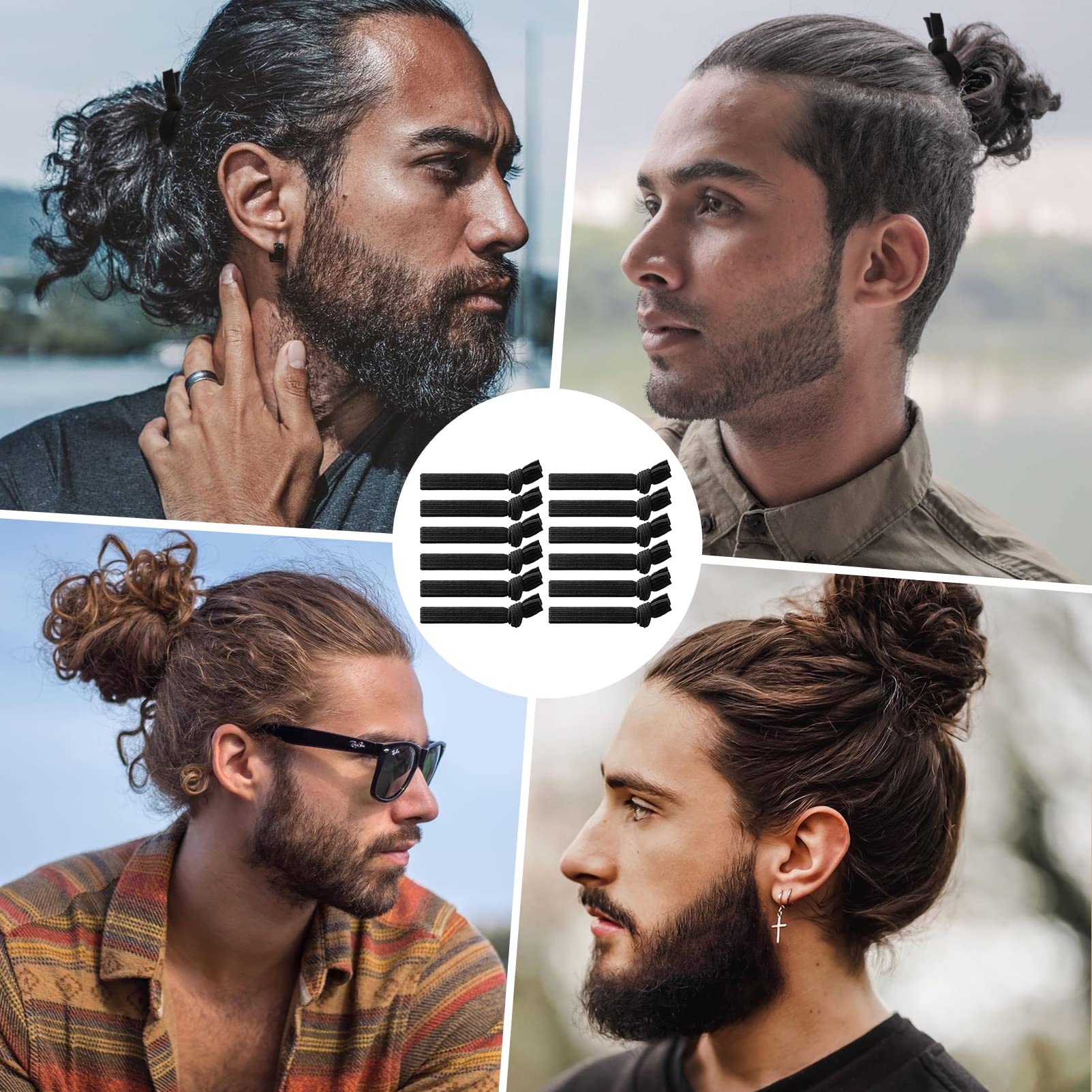 SYGY Hair Ties for Men 12PCS, Black Hair Ties Knotted Hair Bands, Mens Hair Ties for Long Curly Thick Hair, Elastic Flat Man Bun Hair Tie No Damage, Ponytail Holders Strong Holder Hair Ties for Guys