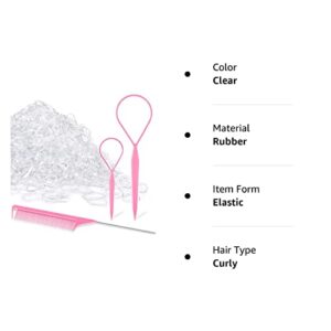 TsMADDTs Clear Small Rubber Elastics with Hair Loop Styling Tool Set,1000pcs Rubber Hair Ties 2Pcs French Braid Tool Loop 1Pcs Rat Tail Combs for Braiding Styling,Pink