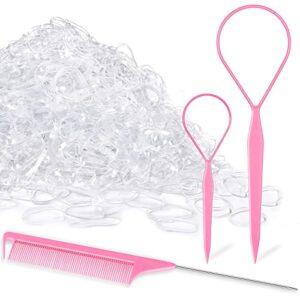 TsMADDTs Clear Small Rubber Elastics with Hair Loop Styling Tool Set,1000pcs Rubber Hair Ties 2Pcs French Braid Tool Loop 1Pcs Rat Tail Combs for Braiding Styling,Pink