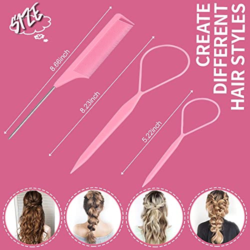 TsMADDTs Clear Small Rubber Elastics with Hair Loop Styling Tool Set,1000pcs Rubber Hair Ties 2Pcs French Braid Tool Loop 1Pcs Rat Tail Combs for Braiding Styling,Pink