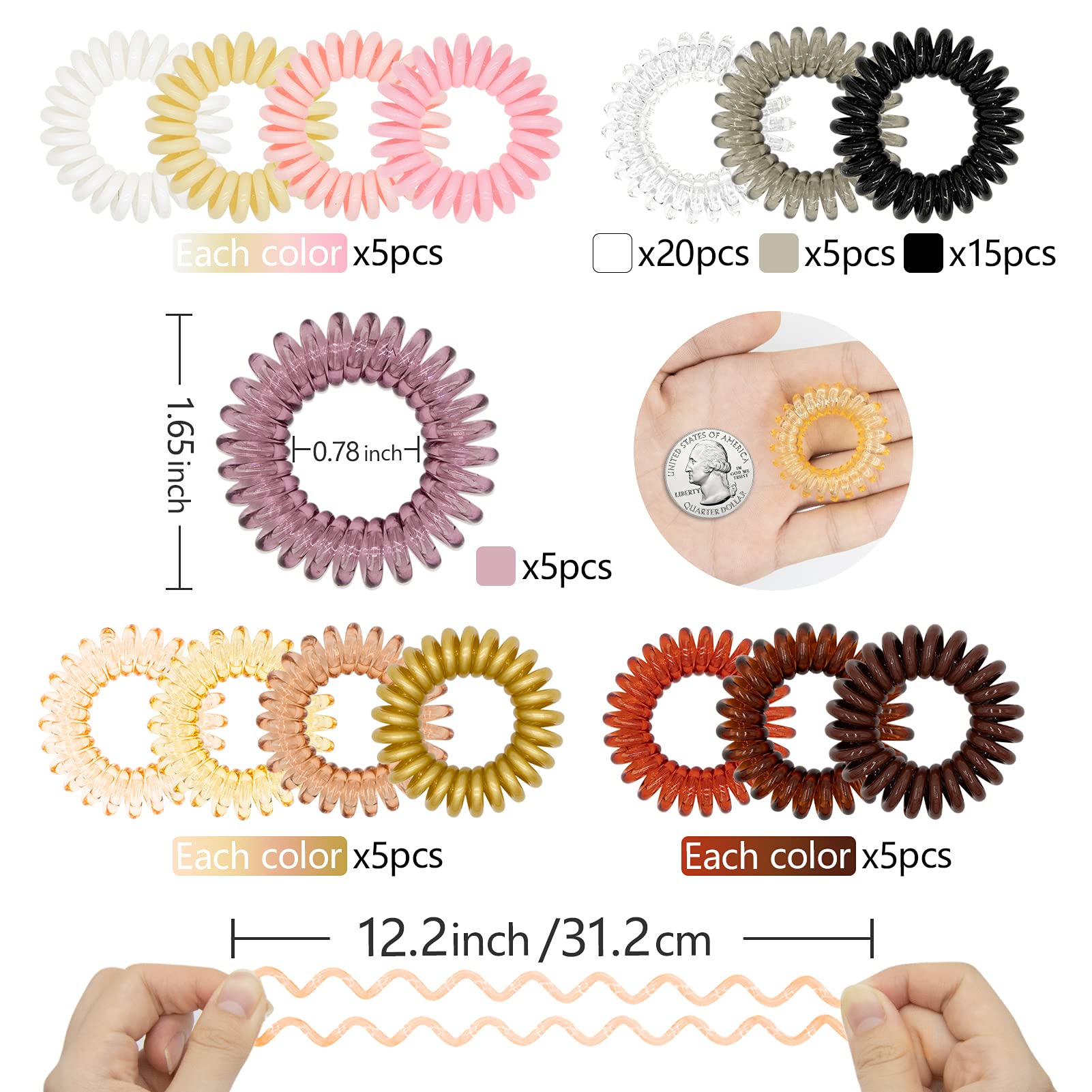 100 PCS Women Spiral Hair Ties Colorful Phone Cord For Thick Hair Girls No Crease Elastics Strong Grip Waterproof Coil Ties - High Ponytail