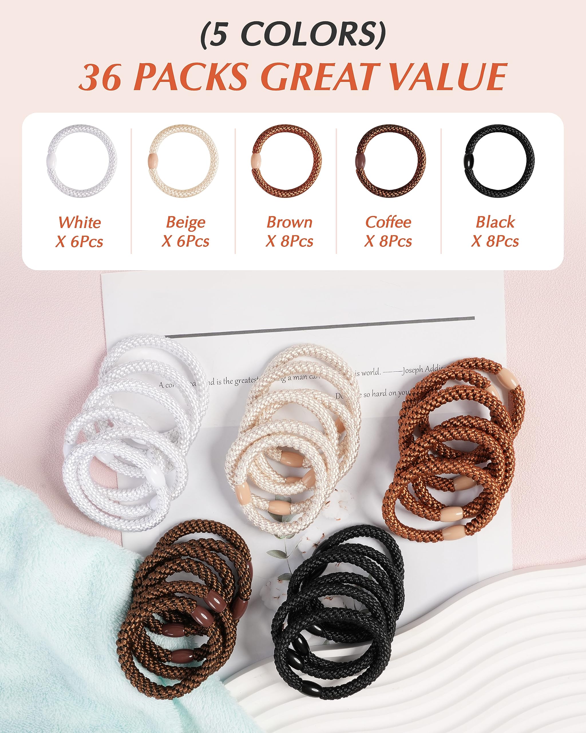 Hair Ties for Thick Hair, 36 Pcs Elastic Hair Ties for Women and Girls, 5 Colors Medium Size Ponytail Holders, Hair Bands for Women's Hair