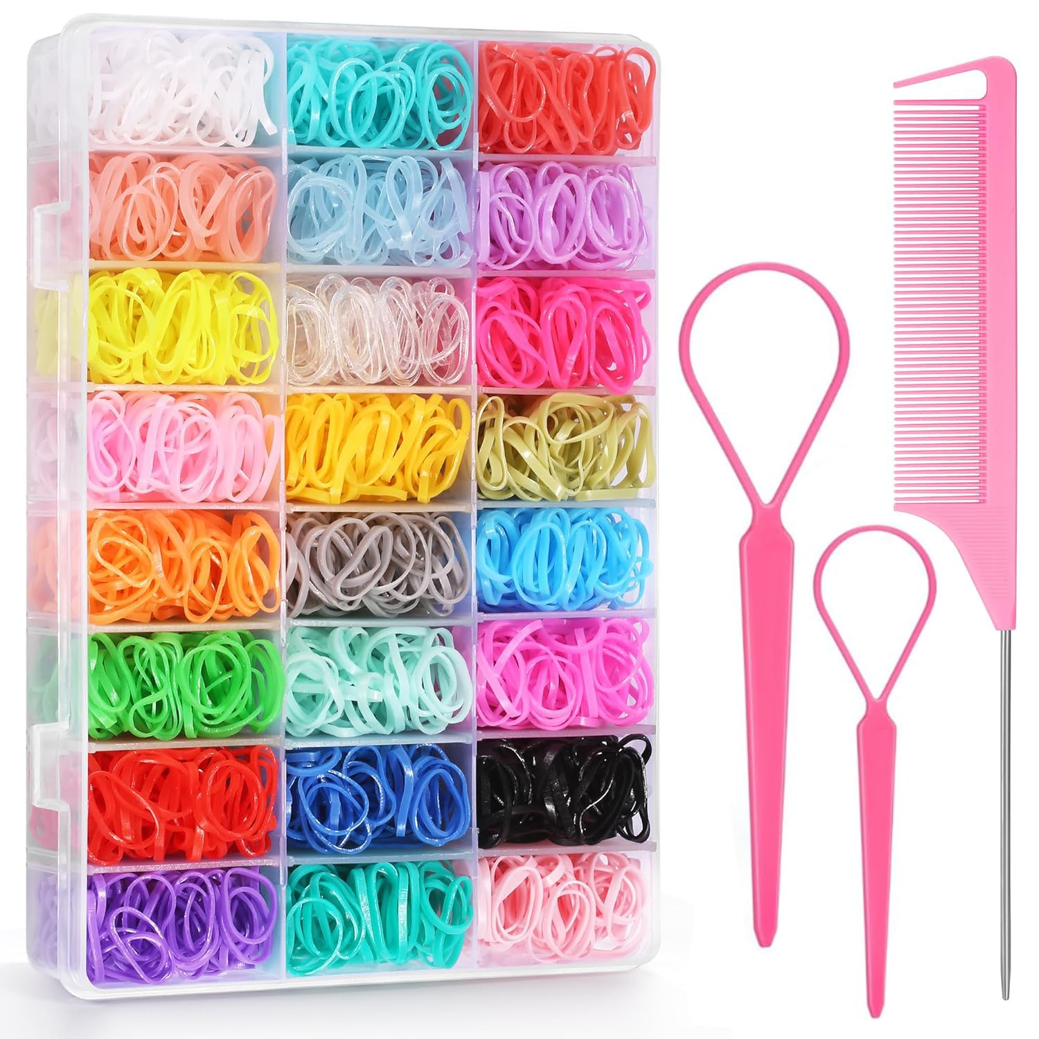 Elastic Hair Bands 24 Colors, BEBEEPOO 2000 pcs Mini Hair Rubber Bands with Organizer Box, Soft Small Girl Hair Ties, Colorful Baby Rubber Bands Set with Hair Tail Tools, Rat Tail Comb