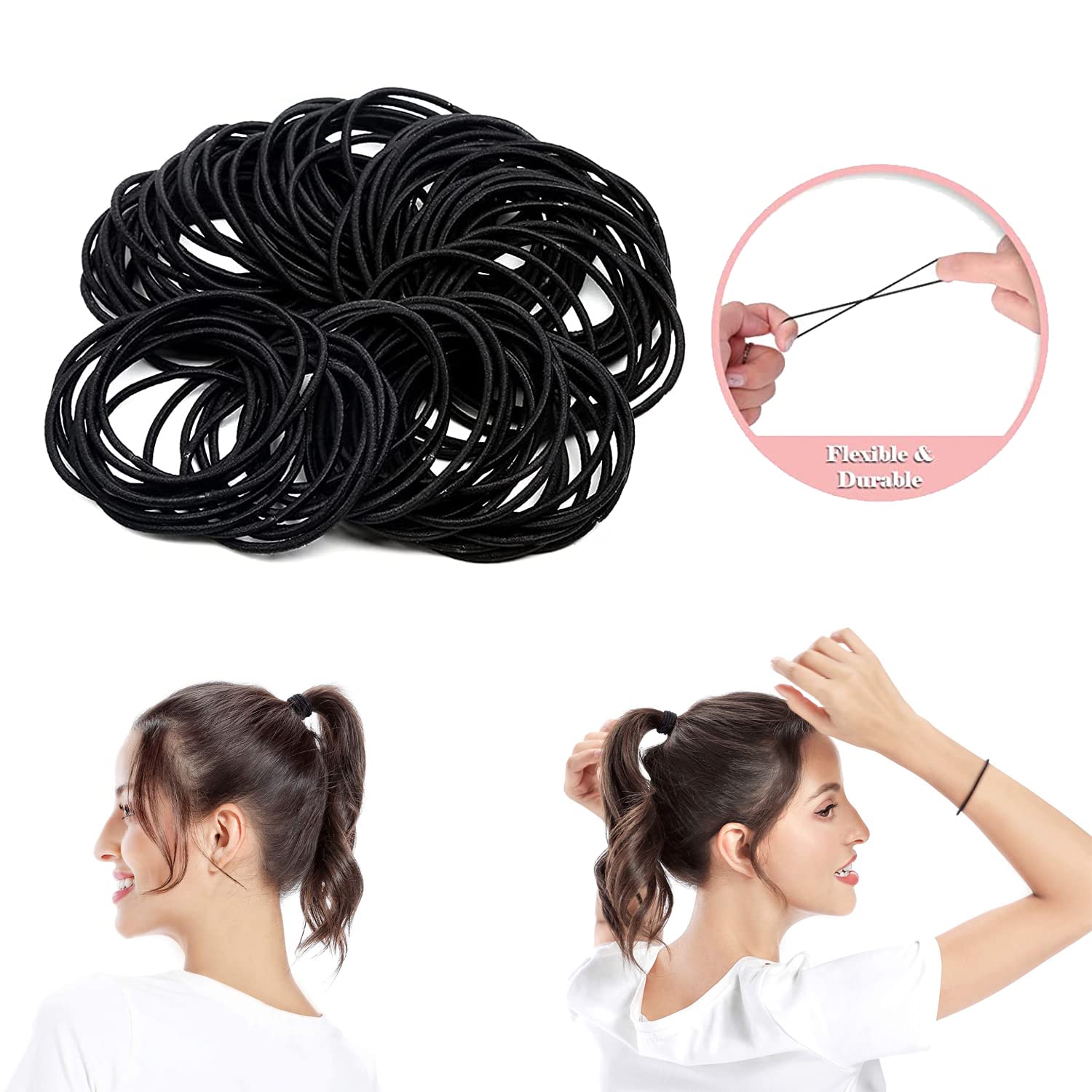 Evogirl Elastic Hair Ties 100 PCS Ponytail Holders 2MM Thin 2 Inch in Diameter Hair Band for Normal Medium to Thick Hair, For Girls Women or Men (Black)