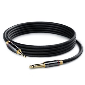 hifind 3.5mm to 6.35mm stereo audio cable 6 ft (hi-fi sound-silver plated copper-spring sr-braided) 3.5 mm 1/8" trs male to 6.35 mm 1/4" trs male bidirectional cable for guitar,home theater,speaker