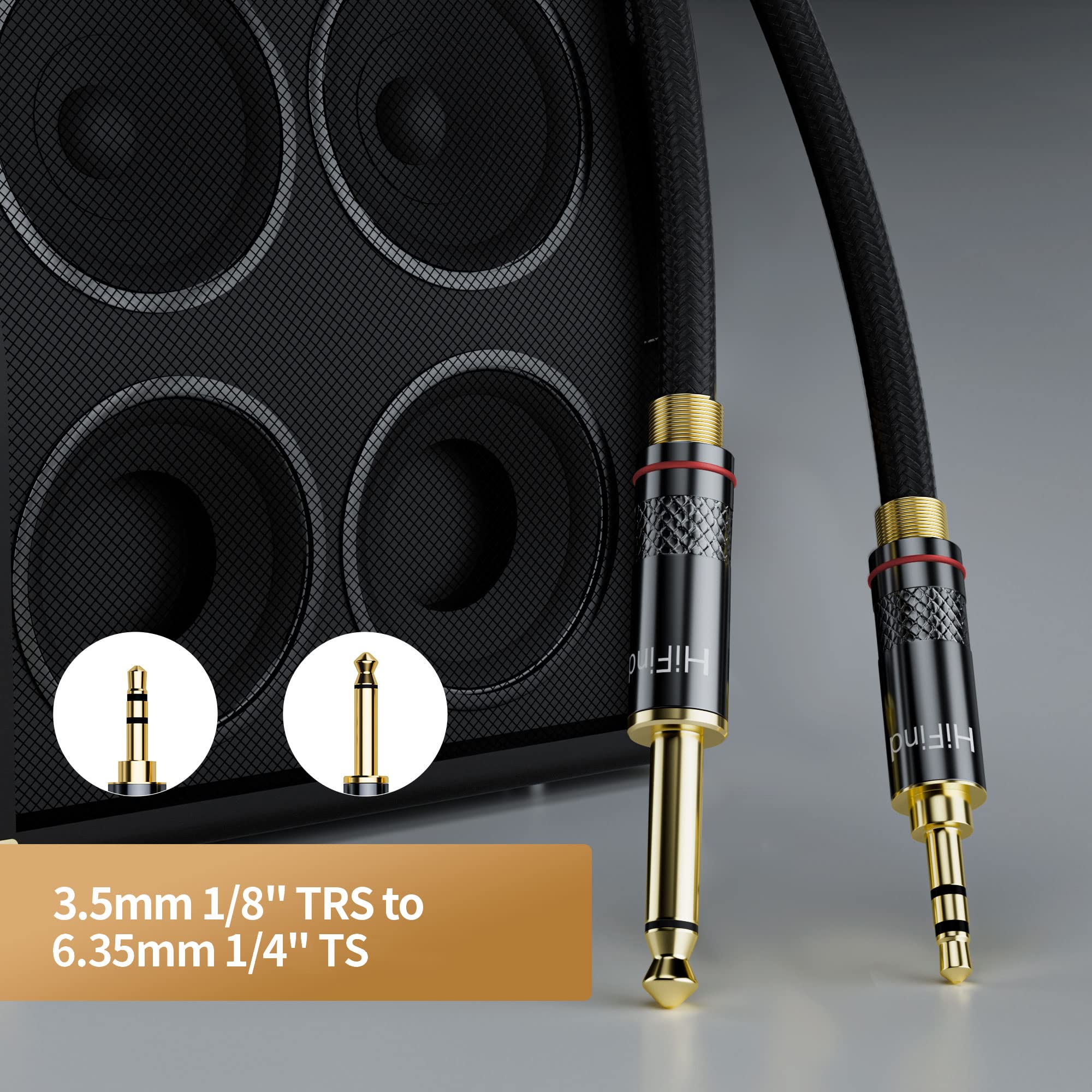 HiFind 3.5mm to 6.35mm Stereo Audio Cable 6 Ft (Hi-Fi Sound-Silver Plated Copper-Spring SR-Braided) 3.5 mm 1/8" TRS Male to 6.35 mm 1/4" TRS Male Bidirectional Cable for Guitar,Home Theater,Speaker