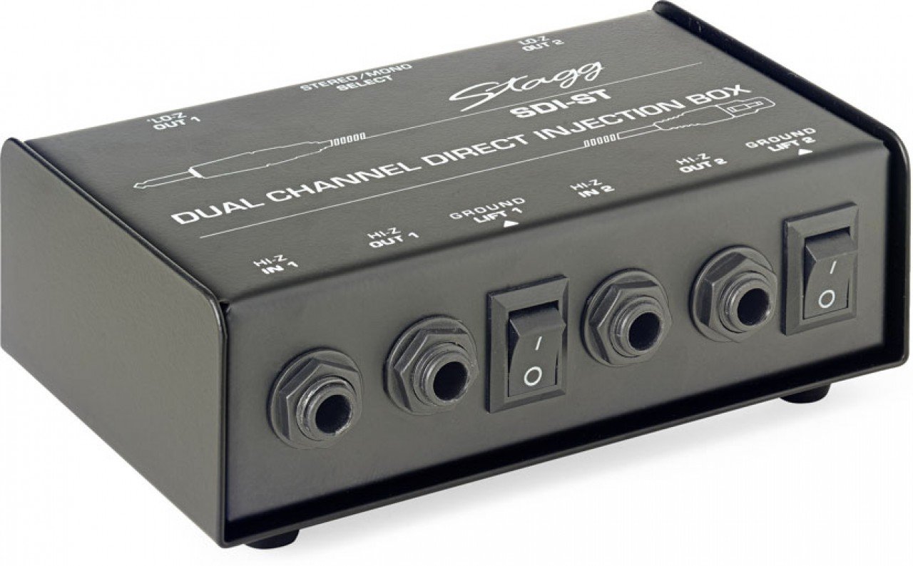 Stagg SDI-ST 2-Channel Passive DI Box with Mono/Stereo Switch & Hosa CMP-153 3.5 mm TRS to Dual 1/4" TS Stereo Breakout Cable, 3 Feet