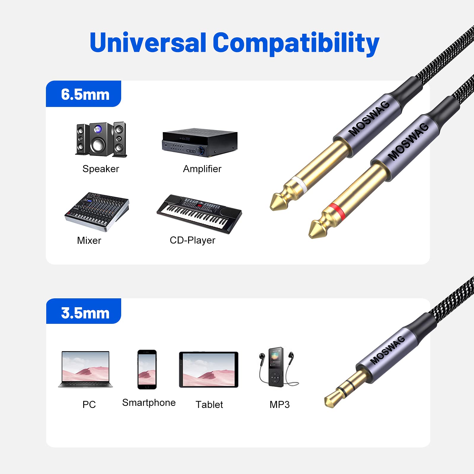 MOSWAG 3.5mm 1/8" TRS Male to 2X 6.35mm 1/4" TS Male Mono Stereo Y-Cable Splitter 10FT/3Meter Compatible for Home Stereo Systems,Laptop,Amplifier,Mixer Audio Recorder，MP3,etc