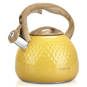 tea kettle, stovetop teapot, 2.5 quart, loud whistle, food grade stainless steel and smooth wood pattern handle, sophisticated look for hiking, picnic, for tea, coffee, (yellow)