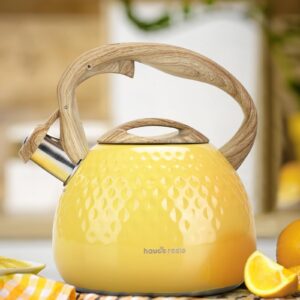 Tea Kettle, Stovetop Teapot, 2.5 Quart, Loud Whistle, Food Grade Stainless Steel and Smooth Wood Pattern Handle, Sophisticated Look for Hiking, Picnic, for Tea, Coffee, (Yellow)