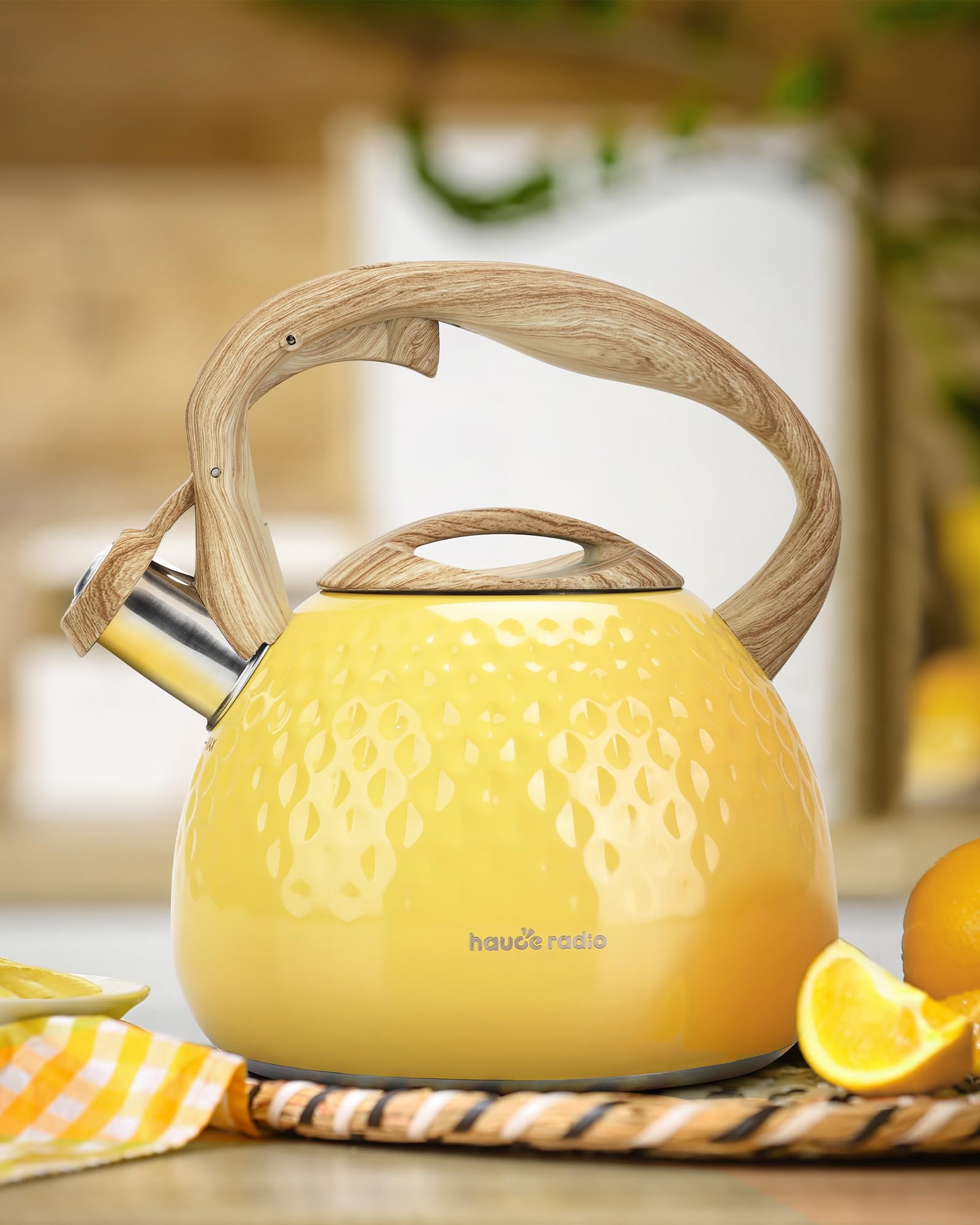 Tea Kettle, Stovetop Teapot, 2.5 Quart, Loud Whistle, Food Grade Stainless Steel and Smooth Wood Pattern Handle, Sophisticated Look for Hiking, Picnic, for Tea, Coffee, (Yellow)