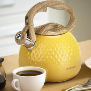 Tea Kettle, Stovetop Teapot, 2.5 Quart, Loud Whistle, Food Grade Stainless Steel and Smooth Wood Pattern Handle, Sophisticated Look for Hiking, Picnic, for Tea, Coffee, (Yellow)