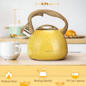 Tea Kettle, Stovetop Teapot, 2.5 Quart, Loud Whistle, Food Grade Stainless Steel and Smooth Wood Pattern Handle, Sophisticated Look for Hiking, Picnic, for Tea, Coffee, (Yellow)