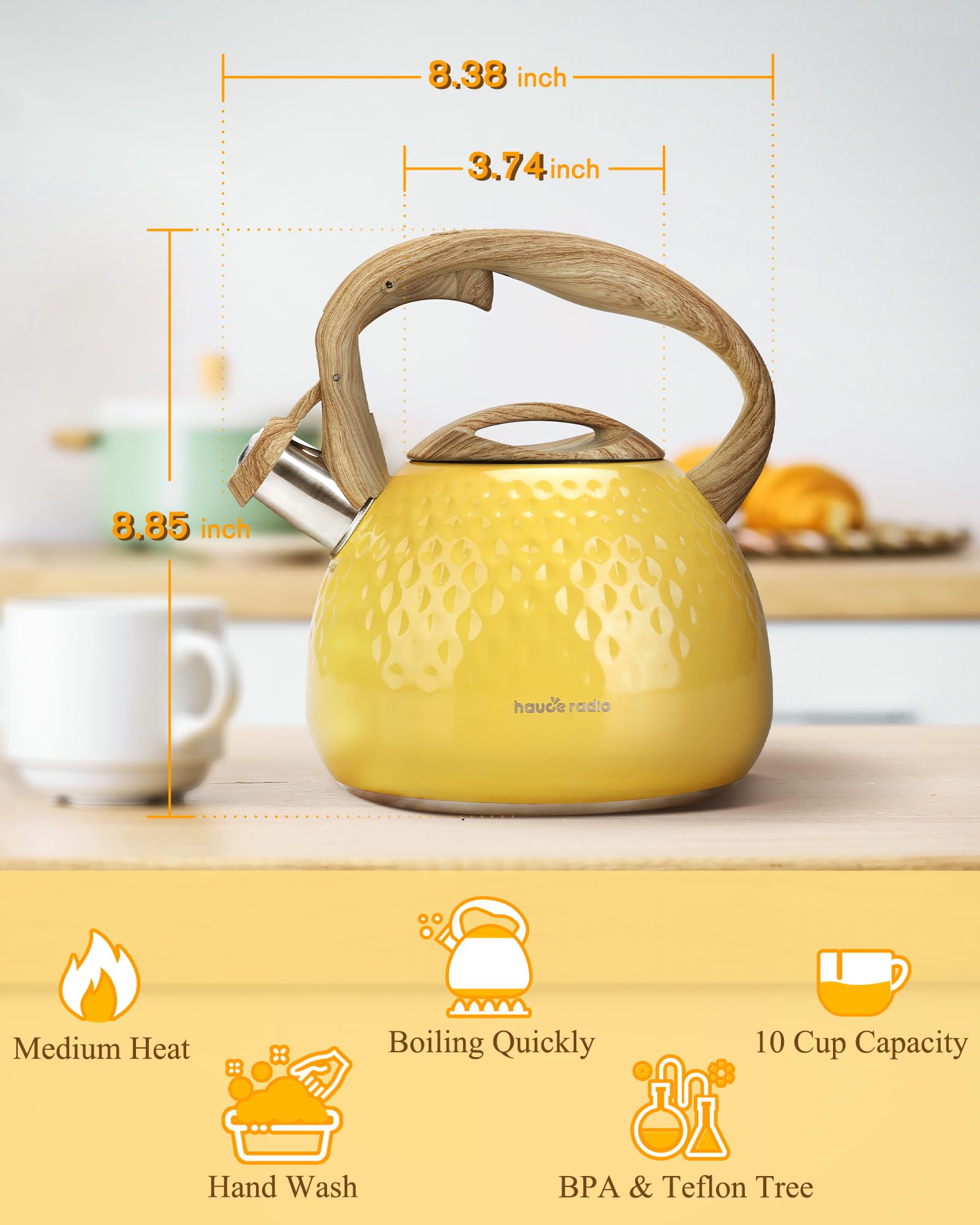 Tea Kettle, Stovetop Teapot, 2.5 Quart, Loud Whistle, Food Grade Stainless Steel and Smooth Wood Pattern Handle, Sophisticated Look for Hiking, Picnic, for Tea, Coffee, (Yellow)