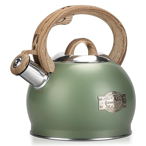 Hauce Radio Tea Kettle Stovetop, 2.1 Quart Stove Top Whistling Tea Kettle, Teapot Kettles with Food Grade Stainless Steel and Wood Pattern Folding Handle, Suitable for All Heat Sources