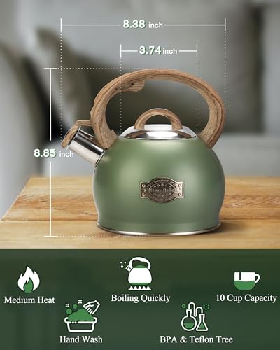 Hauce Radio Tea Kettle Stovetop, 2.1 Quart Stove Top Whistling Tea Kettle, Teapot Kettles with Food Grade Stainless Steel and Wood Pattern Folding Handle, Suitable for All Heat Sources