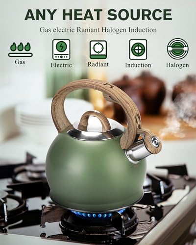 Hauce Radio Tea Kettle Stovetop, 2.1 Quart Stove Top Whistling Tea Kettle, Teapot Kettles with Food Grade Stainless Steel and Wood Pattern Folding Handle, Suitable for All Heat Sources