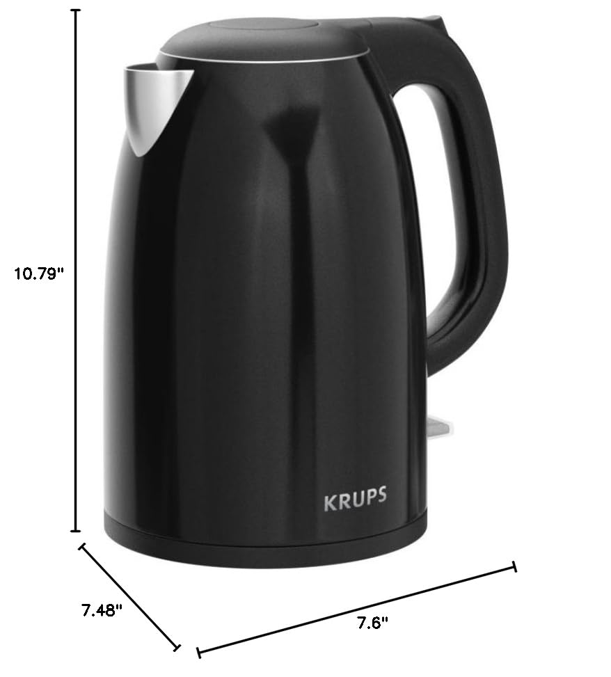 Krups, Electric Kettle, Cool Touch Stainless Steel Interior 1.5 Liter 1500 Watts Fast Boiling, one cup in 80 seconds, Double Wall, Fast Boiling, Auto Off, Keep Warm, Cordless Black