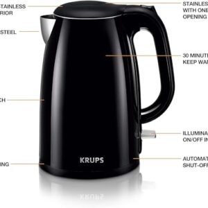 Krups, Electric Kettle, Cool Touch Stainless Steel Interior 1.5 Liter 1500 Watts Fast Boiling, one cup in 80 seconds, Double Wall, Fast Boiling, Auto Off, Keep Warm, Cordless Black