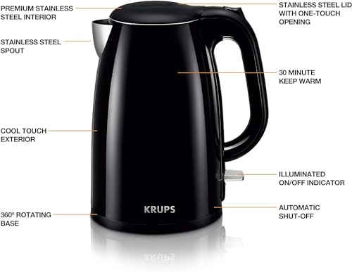 Krups, Electric Kettle, Cool Touch Stainless Steel Interior 1.5 Liter 1500 Watts Fast Boiling, one cup in 80 seconds, Double Wall, Fast Boiling, Auto Off, Keep Warm, Cordless Black