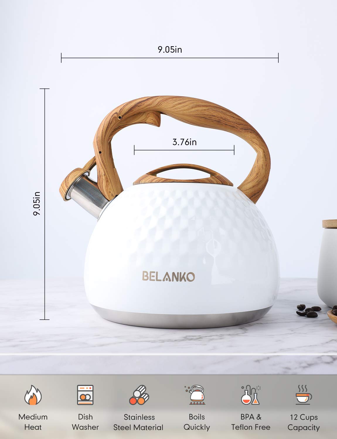 Tea Kettle, 2.7 Quart / 3 Liter BELANKO Stainless Steel Tea Kettles for Stove Top, Food Grade Teapot with Wood Pattern Handle Loud Whistling for Coffee, Milk etc, Gas Electric Applicable - Gloss White