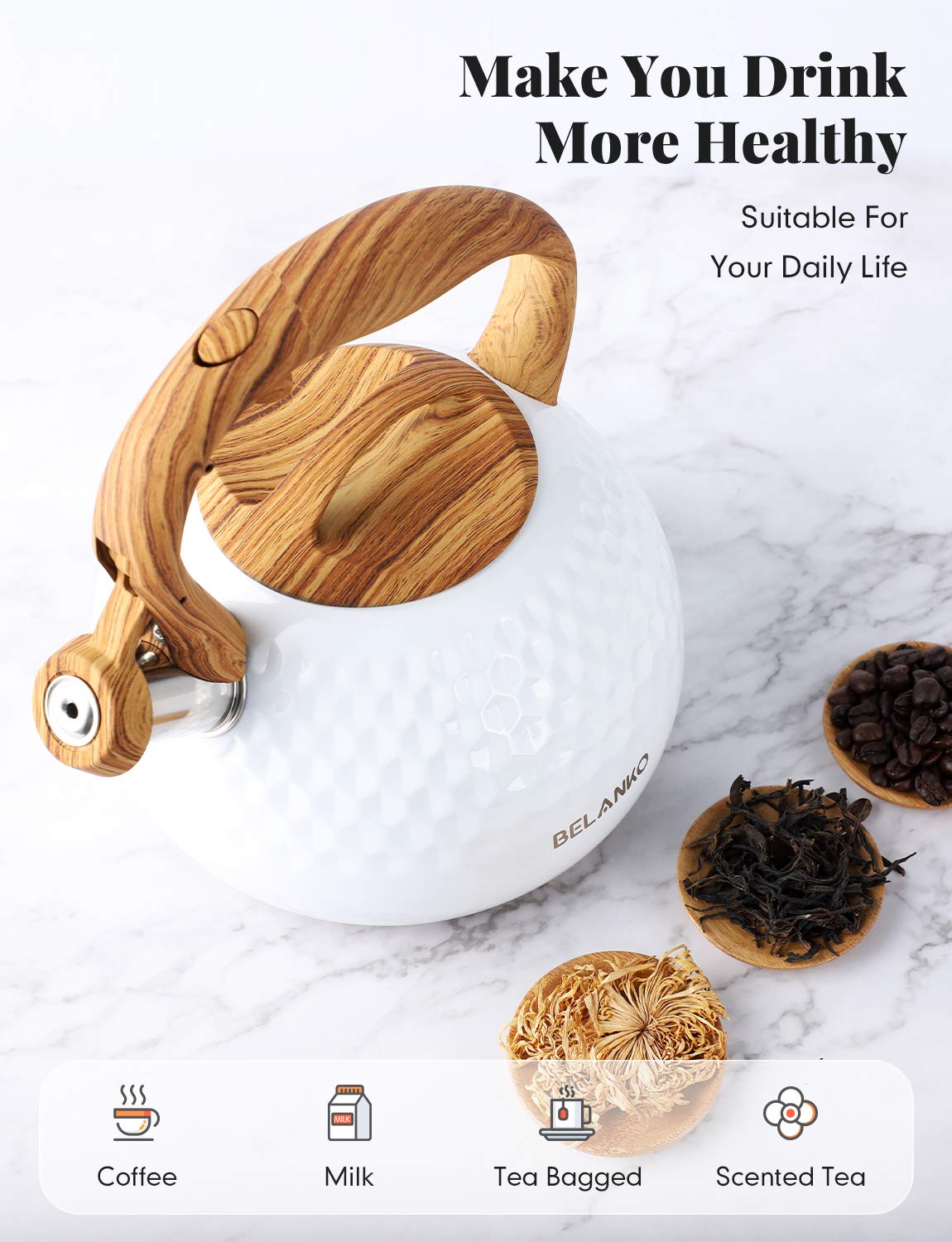 Tea Kettle, 2.7 Quart / 3 Liter BELANKO Stainless Steel Tea Kettles for Stove Top, Food Grade Teapot with Wood Pattern Handle Loud Whistling for Coffee, Milk etc, Gas Electric Applicable - Gloss White