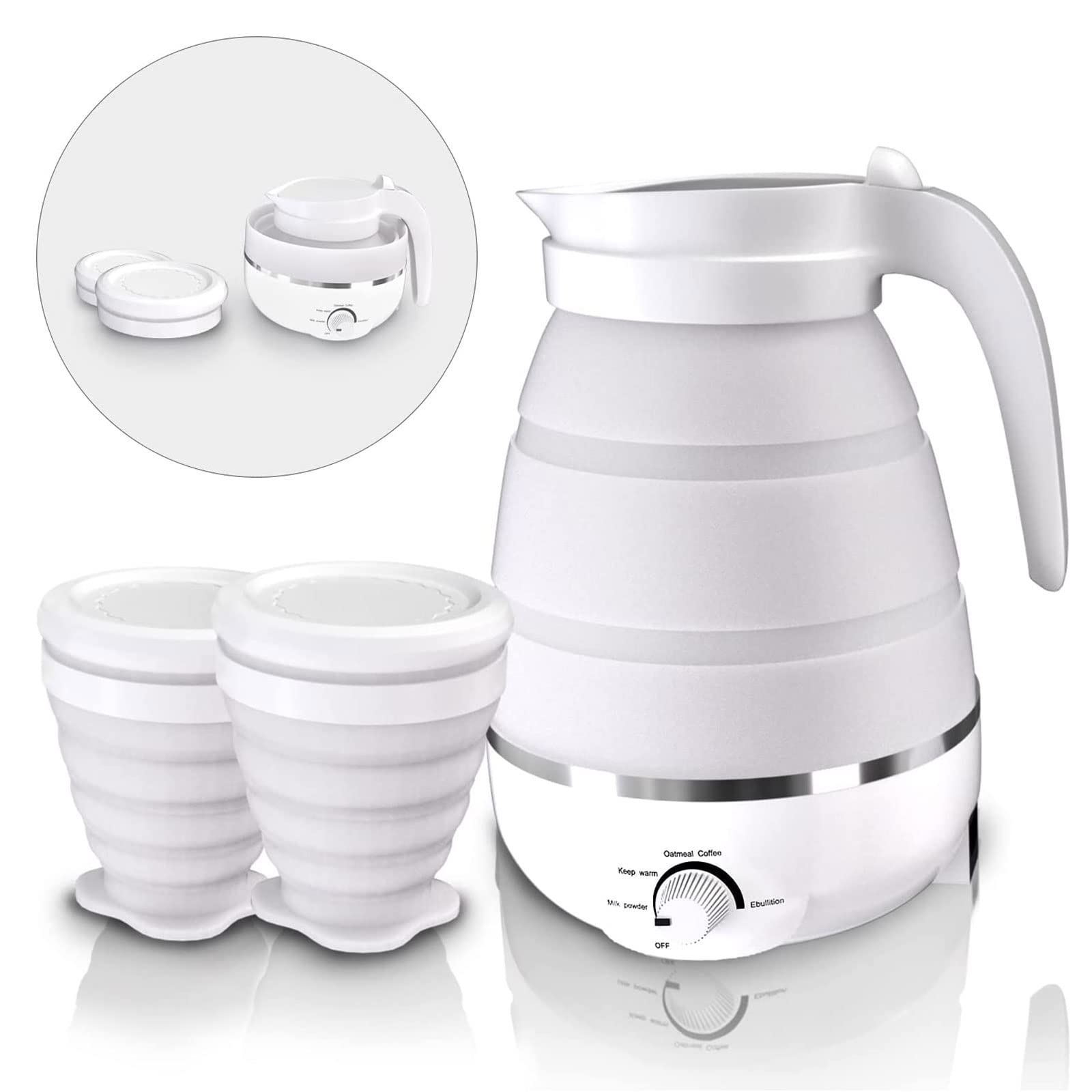 600ml Travel Electric Kettle, Portable Travel Foldable Electric Kettle Home Collapsible 5 Different Temperature Silicone Water Boiler and Tea Pot for Camping (White)