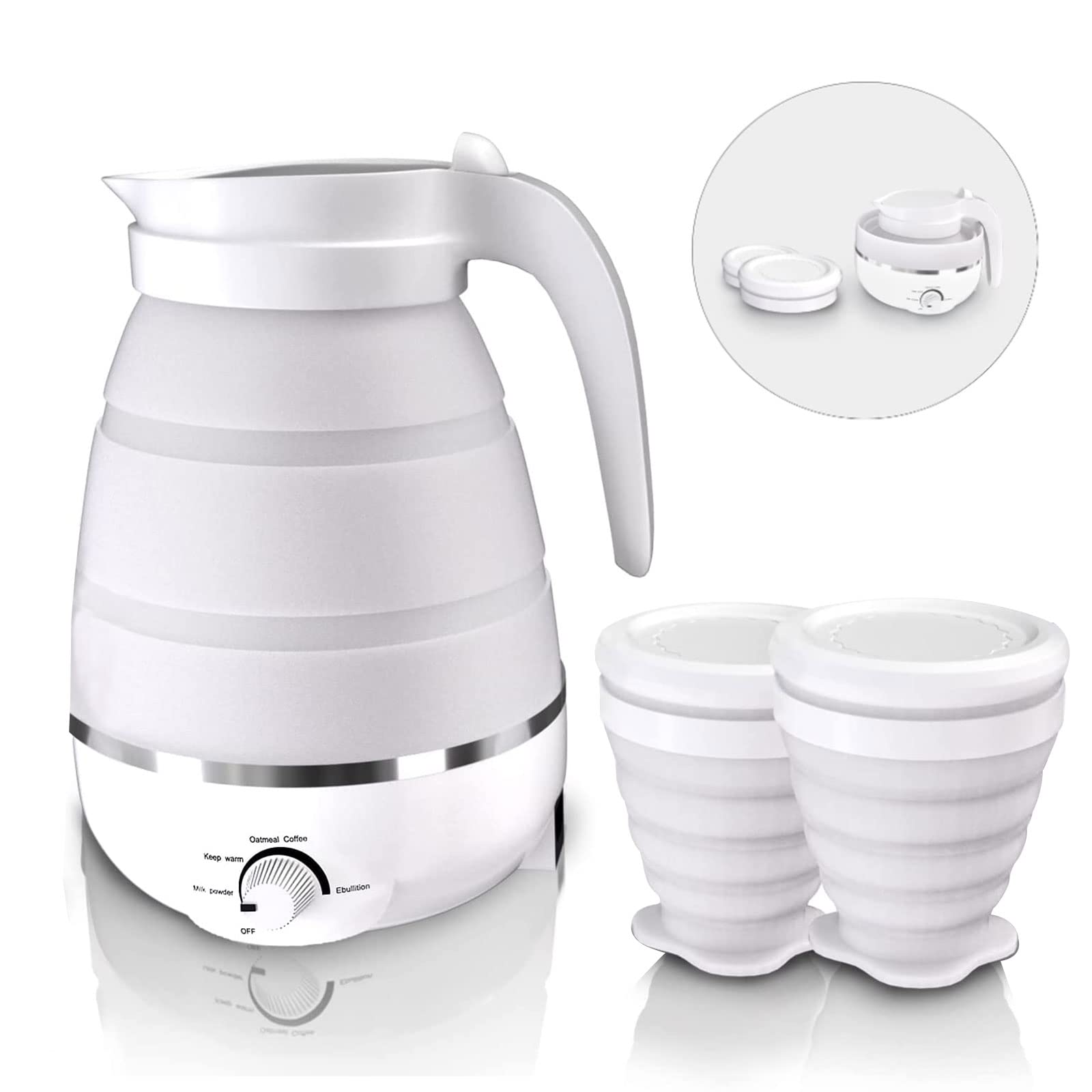 600ml Travel Electric Kettle, Portable Travel Foldable Electric Kettle Home Collapsible 5 Different Temperature Silicone Water Boiler and Tea Pot for Camping (White)