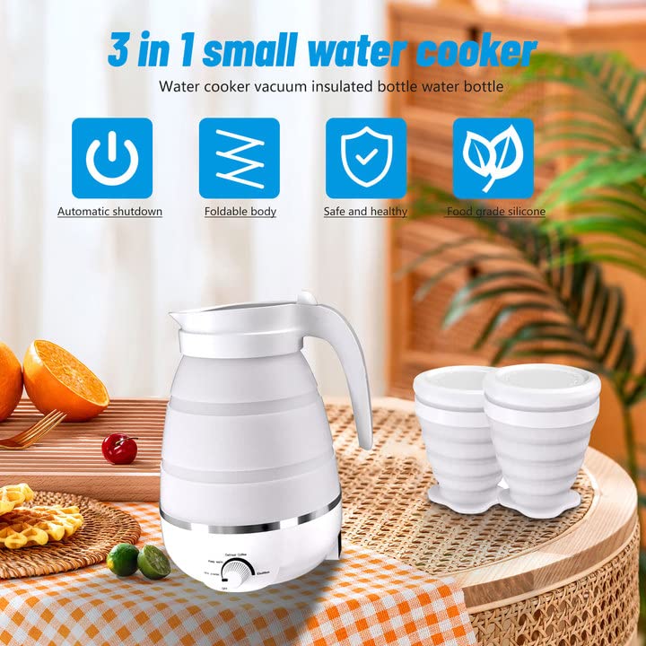 600ml Travel Electric Kettle, Portable Travel Foldable Electric Kettle Home Collapsible 5 Different Temperature Silicone Water Boiler and Tea Pot for Camping (White)