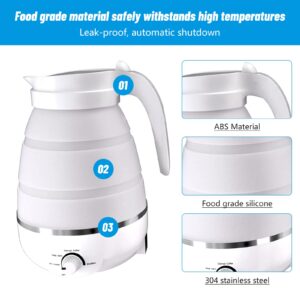 600ml Travel Electric Kettle, Portable Travel Foldable Electric Kettle Home Collapsible 5 Different Temperature Silicone Water Boiler and Tea Pot for Camping (White)