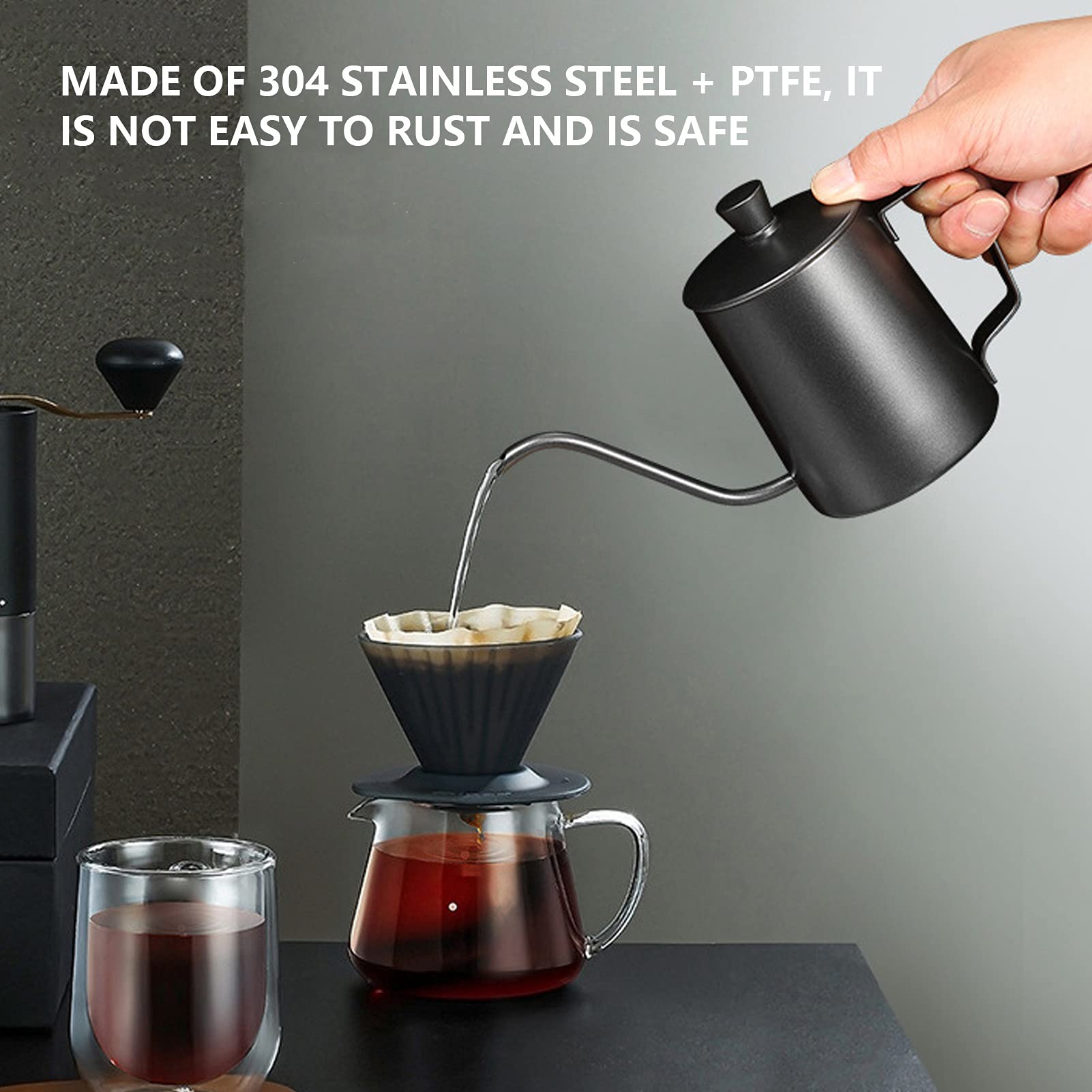 Black Tea Kettle, 350ml PTFE Coffee Kettle with Lid 304 Stainless Steel Pour Over Coffee Pot for Home Office (Black)