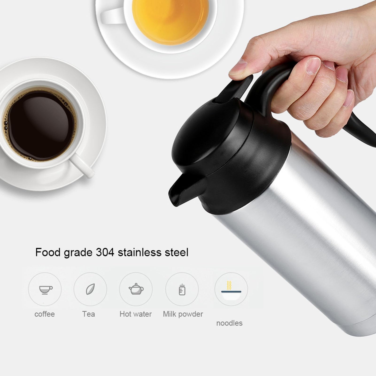 12V 750ml Car Electric Bottle, Stainless Steel Electric Car Kettle Heating Cup Coffee Mug Travel Water Bottle