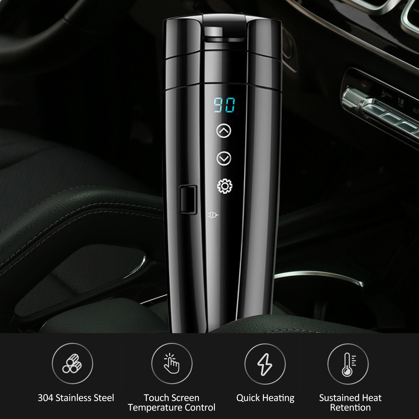 12V/24V Car Heating Cup, 400mL Stainless Steel Heated Travel Mug Car Home Dual Use Smart Temperature Control Electric Kettle for Coffee Tea Milk