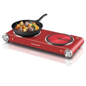 hot plate, techwood 1800w dual electric stoves, countertop stove double burner for cooking, infrared ceramic hot plates double cooktop, red, brushed stainless steel easy to clean upgraded version, red